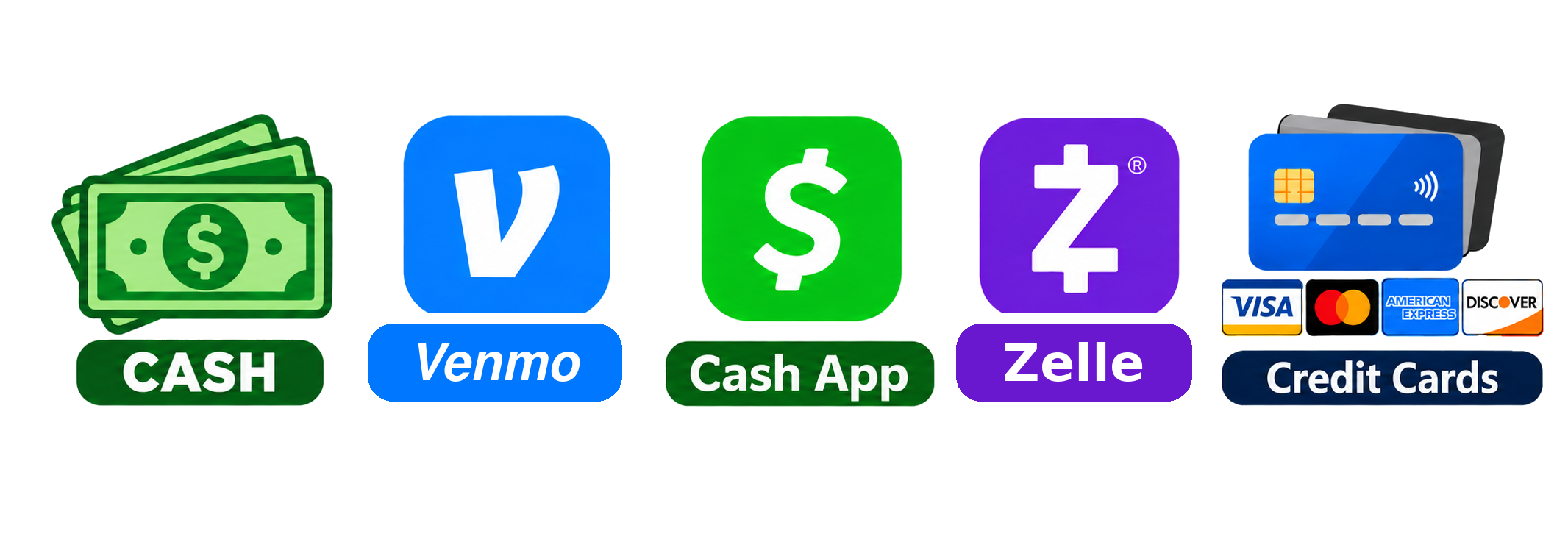 Accepted payment methods: Cash, Venmo, Cash App, Zelle, Visa, Mastercard, American Express and Discover