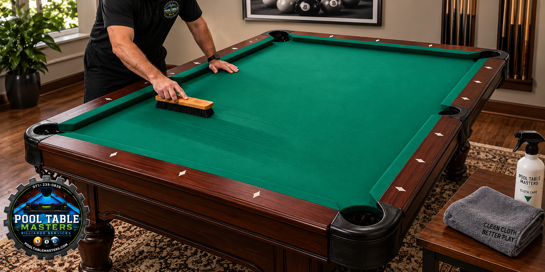 Proper pool table cloth cleaning and brushing for routine billiard table care